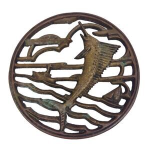 Vintage Brass Sail Fish Marlin Footed Trivet 5" Sailboat Ocean Fishing Patina